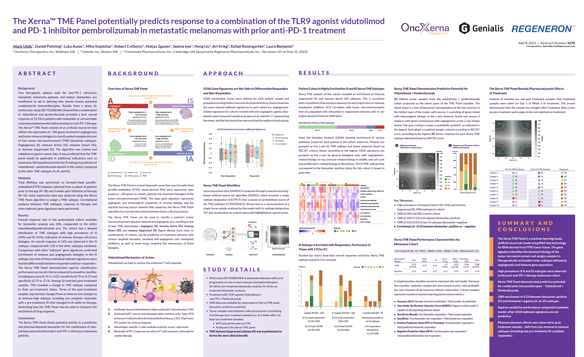 Genialis scientific poster banner: The Xerna TME Panel potentially predicts response to a combination of the TLR9 agonist vidutolimod and PD-1 inhibitor pembrolizumab metastatic melanomas with prior anti-PD-1 treatment